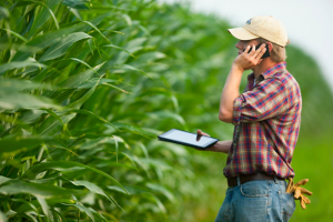 Photo of a farmer telephoning with a tabled in his hands